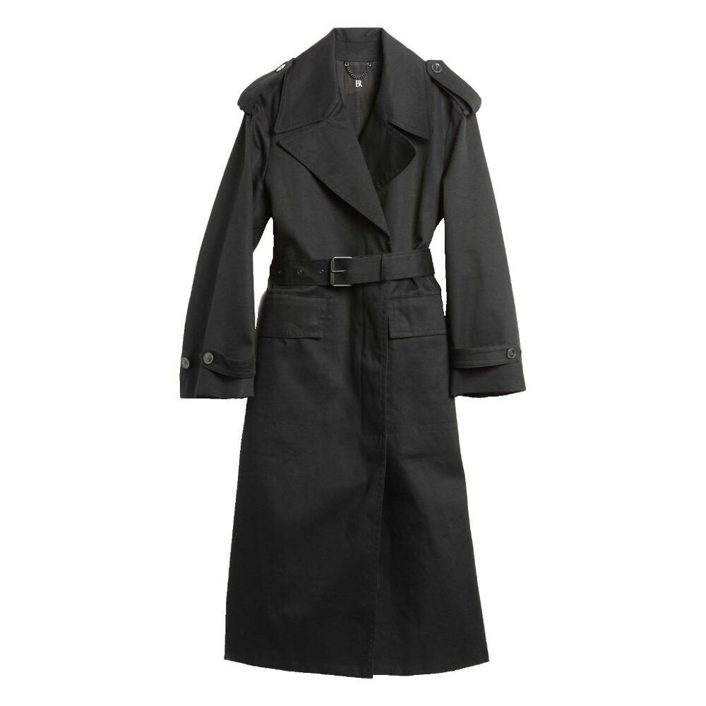 NWT Banana Republic Timeless Trench in Black Bonded Cotton Relaxed Coat M Petite